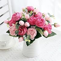 Artificial Peony Flowers Silk Peony Rose Real Touch Fake Flowers 3pcs Single Stem with 5 Heads Bouquet for Home Wedding Party Decoration (Pink)