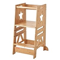 Bamboo Tower Step Stool for Kids and Toddlers, 3-Level Height Adjustable Bamboo Toddler Kitchen Step Stool, 350LBS Loading Tower Stool with Safety Rail for Kitchen Counter Bathroom, Natural