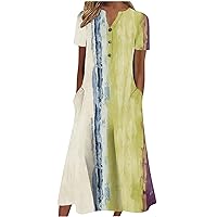 Women's 2024 Casual Summer Dresses Floral Print Boho Beach V-Neck Buttons Short Sleeve Pockets Loose Midi Dress