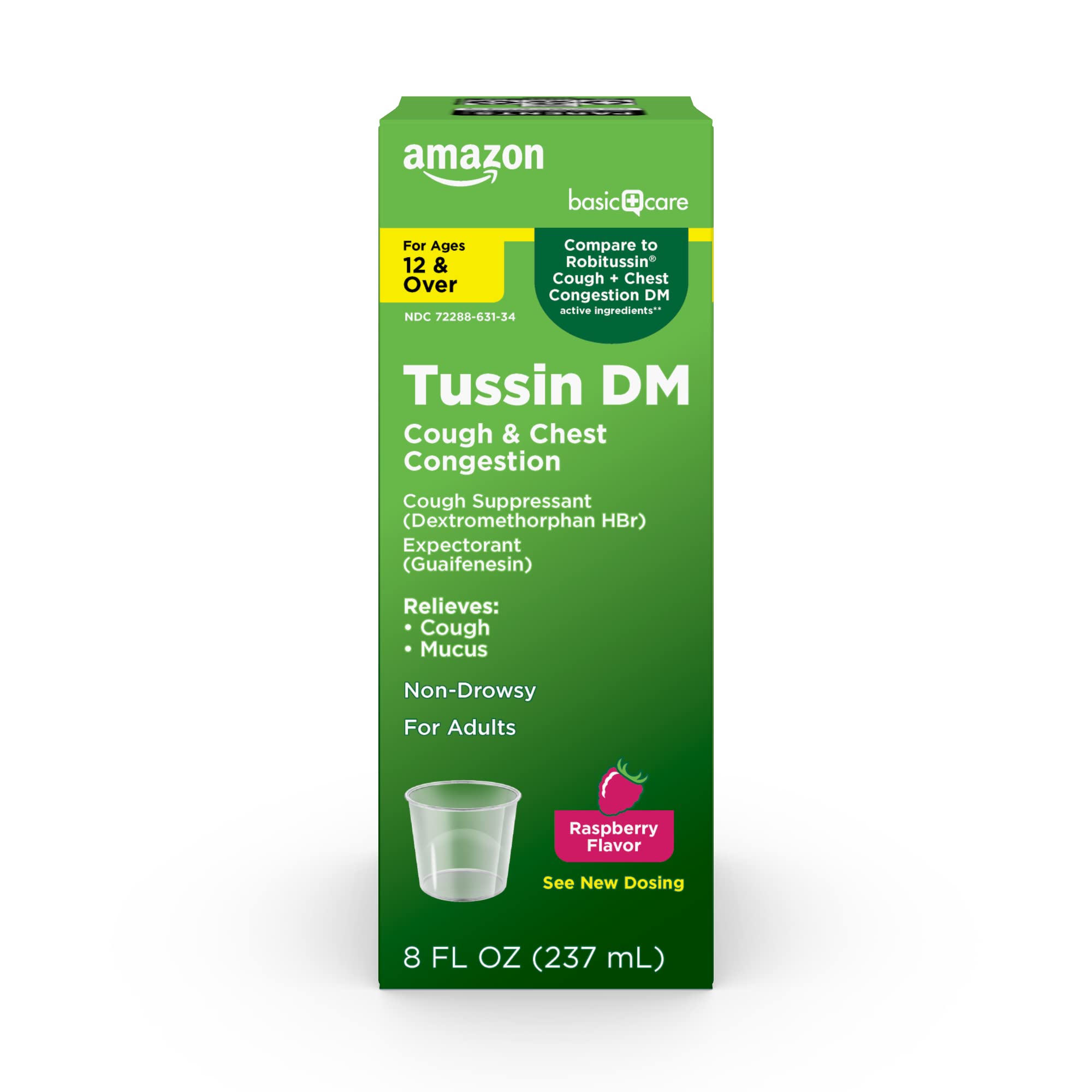 Amazon Basic Care Tussin Cough Plus Chest Congestion DM Syrup, Raspberry Flavor, 8.0 Fluid Ounce