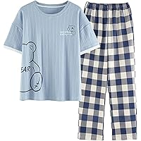 Big Teens Girl Pajama Set 2 Pcs Short Sleeve Cartoon Tee Top and Pants Sleepwear Loungewear Set