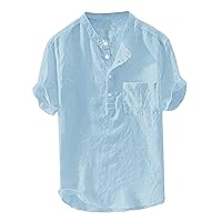 Mens Cotton Linen Henley Shirt Casual Button Down Short Sleeve Tropical Shirts Vacation Summer Beach T Shirts with Pocket