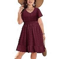 Fisoew Women's Plus Size Mini Dress Summer Short Sleeve V Neck Swiss Dot Dresses A-Line Ruffle Tiered Smocked Short Dress