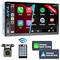 Double Din Car Stereo with Wireless Carplay,Wireless Android Auto,7 inch Touch Screen Radio with Backup Camera,Bluetooth Car Audio Receiver,Mirror Link,SWC,FM/USB/AUX/Subwoofer