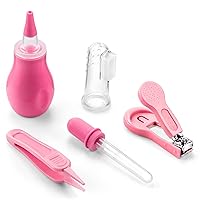 Baby Care Set – 5 Pcs Baby Essentials Set with Baby Fingernail Brush, Nose Aspirator, Nose Picker, Nail Clipper, Dropper – Baby Grooming Kit for Girls – Premium Silicone Baby Accessories (Pink)