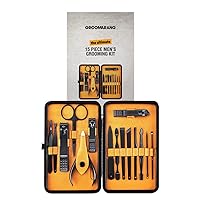 Stainless Steel Mens Manicure & Pedicure Kit (15 Pieces) - Professional Male Nail Care Grooming Set with Nail Care, Toenail Clippers, Scissor, Cuticle Trimmer & Luxurious Travel Case