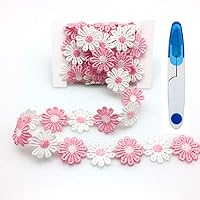 FQTANJU 5 Yards Daisy Pink White Decorating Lace Embroidered Trim Ribbons and Scissors（Random Color）