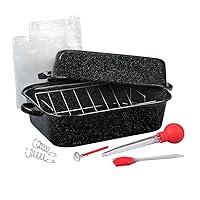 Granite Ware 25 lb Rectangular Roaster Set (10pcs), includes Lid, V-Rack, 2 pack brining bags, oven/grill-safe meat Thermometer, Turkey Baster with sylicon bulb, small brush