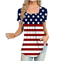 American Flag Shirt Women USA Star Stripes Fourth July Tee Shirts Square Neck Short Sleeve Tops Flowy Pleated Blouse