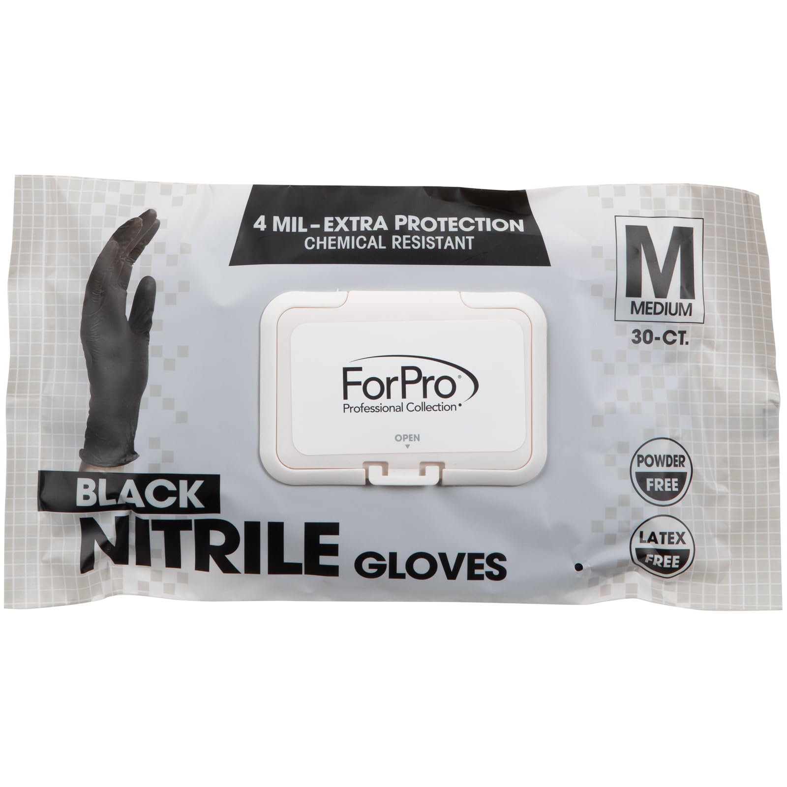 ForPro Disposable Nitrile Gloves, Chemical Resistant, Powder-Free, Latex-Free, Non-Sterile, Food Safe, 4 Mil, Black, Medium, 30-Count