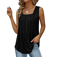 Saloogoe Summer Tank Tops for Women Loose Fit Pleated Square Neck Sleeveless Tops Curved Hem Flowy