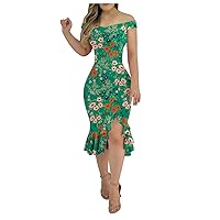 Women's Sexy Cocktail Dresses 2023 Summer Floral Print Cold Shoulder Sleeve Hip Side Split Bohemia Hawaii Dress