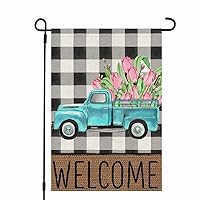 CROWNED BEAUTY Spring Garden Flag Floral Truck 12×18 Inch Double Sided Outside Small Welcome Buffalo Plaid Tulips Yard Flag