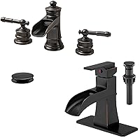Bathroom Waterfall Faucet, Brass Oil Rubbed Bronze Bathroom Faucet Single Handle, 4 Inch Bathroom Sink Faucet 1 Hole or 3 Holes, Bathroom Faucets with Pop-Up Drain & Deck Plate for RV Farmhouse