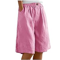 Women Fashion Bermuda Shorts Summer Elastic Waist Knee Length Shorts Loose Fit Straight Leg Short Pants with Pockets