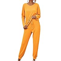 Women Two Piece Outfits Fleece Long Sleeve Solid Color Tops With High Waist Pants Baggy Warm Pajama Sets