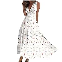 2024 Waist Long Dress Maxi Dress Ladies Fashion V Neck Loose Sleeveless Womens Outdoor Printed Weekend Boho