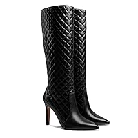 MOOMMO Women Knee High Boots Stiletto Pointed Toe Wide Calf 4” High Heel Quilted Long Boots Classic Pull On Matte Leather Tall Boots Comfort Dress Party Winter Warm 4-11 M US