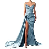 Women's Dusty Blue Bridesmaid Dresses 2022 Strapless Mermaid Sequin Beaded Satin Long Slit Evening Gowns Wedding Dresses
