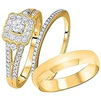 Round Cut Simulated Diamond Trio Engagement Wedding Ring 3 -Piece His & Her 14K Yellow Gold Over 925 Sterling Sliver