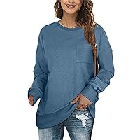 Women's Round Neck Pocket Casual Pullover Sweatshirt Solid Color Tunic Long Sleeve Crewneck Sweatshirts