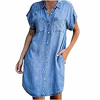 Women Cuffed Short Sleeve Button Down Lapel Jean T-Shirt Dress Summer Casual Loose Fit Pockets Knee Denim Dresses