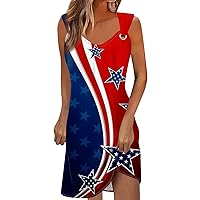 Womens Blue and White Dress 4th of July Dress for Women America Flag Print Sexy Vintage Fashion with Sleeveless Round Neck Splice Dresses Wine 3X-Large