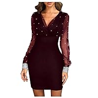 Womens Wedding Guest Dresses,Sexy See-Through Vintage Elegant V-Neck Waist Holiday Dresses for Women