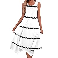 Womens Summer Dresses 2024 Casual Fashion Round Neck Sleeveless Striped Print Irregular Hem Midi Dress