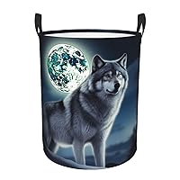 Wolf Under Moon Printed Laundry Hamper,Round Laundry Basket,Clothes Hamper With Handle,Collapsible Waterproof For Bedroom