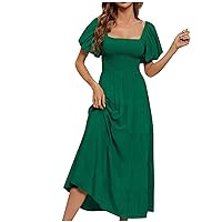 Tiered Ruffle Swing Maxi Dresses Women Summer Boho Long Dress Flowy Beach Vacation Sundress Puff Sleeve Smocked Sun Dress