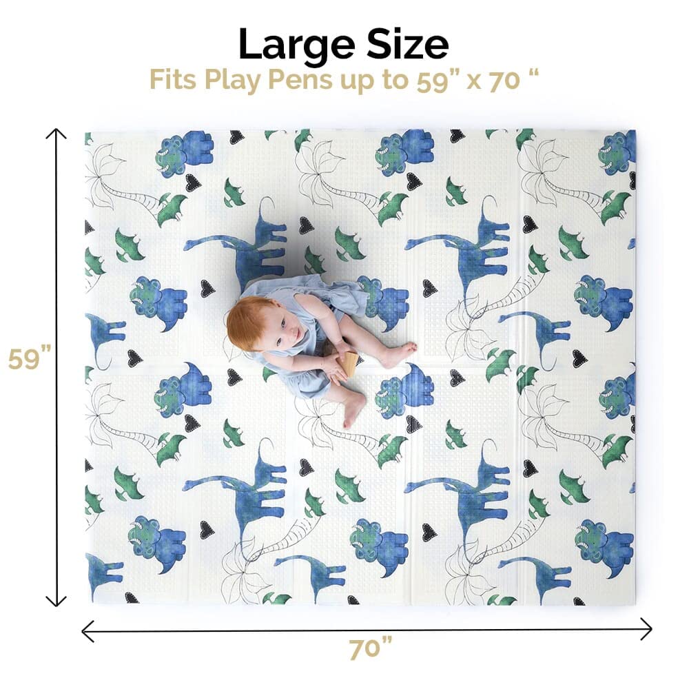 JumpOff Jo - Large Waterproof Foam Padded Play Mat for Infants, Babies, Toddlers, Play Pens & Tummy Time, Foldable Activity Mat, 70 in. x 59 in. - Tiny Dinos