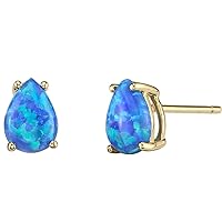 Peora 14K Yellow Gold Created Blue Fire Opal Earrings for Women, Hypoallergenic Solitaire Studs, 7x5mm Pear Shape, 1 Carat total, October Birthstone, Friction Back