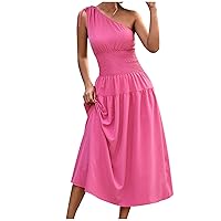 QIGUANG Women Ruched Tie One Shoulder Empire Waist Dress Summer Fashion Smocked Waisted Sleeveless Plain Midi A-Line Dresses