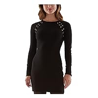 Women's Ribbed Laced Grommets Raglan Sleeve Crew Neck Above The Knee Party Sweater Dress Black Size Medium