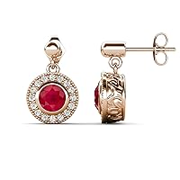 Round Lab Created Ruby & Natural Diamond 1.64 ctw Halo Drop and Dangle Earrings 14K Gold