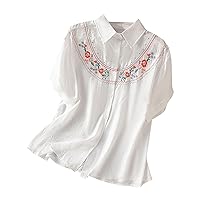Button Down Embroidered Shirts Women Cotton Linen Boho Floral Short Sleeve Blouses Smmer Dressy Vintage Lapel Tops