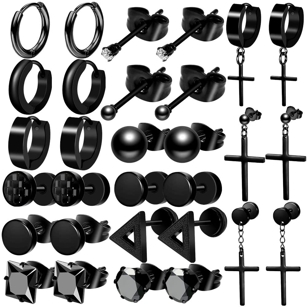 ONESING 15 Pairs Earrings for Men Black Stud Earrings Mens Earrings Stainless Steel Earrings for Men Women Jewelry Piercing Men Earrings Set