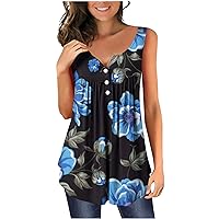 Women Bohemian Floral Button Henley Tunic Tank Tops Summer V-Neck Casual Loose Flowy Fashion Sleeveless T-Shirts