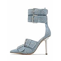 Women's Denim Stiletto Heel Sandals Ankle Buckle Slingbacks