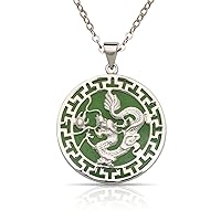 JewelryWeb - Solid Sterling Silver 18-inch Green Jade Dragon Necklace - 25mm x 32mm - Protection Necklace for Women and Men - Large Medallion Greek Key Border