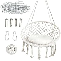 Hammock Hanging Swinging Chair,Hanging Cotton Rope Swing Chairs with Cushion and Hardware Kits, Hanging Chairs for Indoor Balcony and Outdoor Use,Perfect for Bedroom, Porch, Kids, Adults, (330 Lbs)