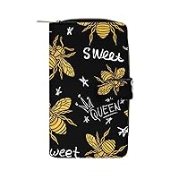 Honey Bee Queen Golden Wings Insect Womens Wallet Leather Card Holder Purse RFID Blocking Bifold Clutch Handbag with Zipper Pocket