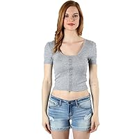 Juniors Ribbed Scoop Neck with Faux Snap Button Crop Top Shirt