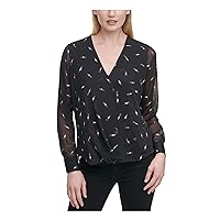 DKNY Womens Printed Pullover Blouse, Black, Large
