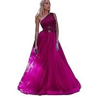 Woment's One Shoulder Lace Long Prom Party Dresses Lace Applique Formal Evening Gown with Tulle Skirt