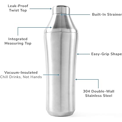 Elevated Craft Hybrid Cocktail Shaker - Premium Vacuum Insulated Stainless Steel Cocktail Shaker - Innovative Measuring System - Martini Shaker for the Home Bartender - 28oz Total Volume