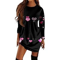 Women's Spring Dresses Fashion Valentine's Day Printed Long Sleeved Irregular Pleated Round Shirt Dress, S-3XL