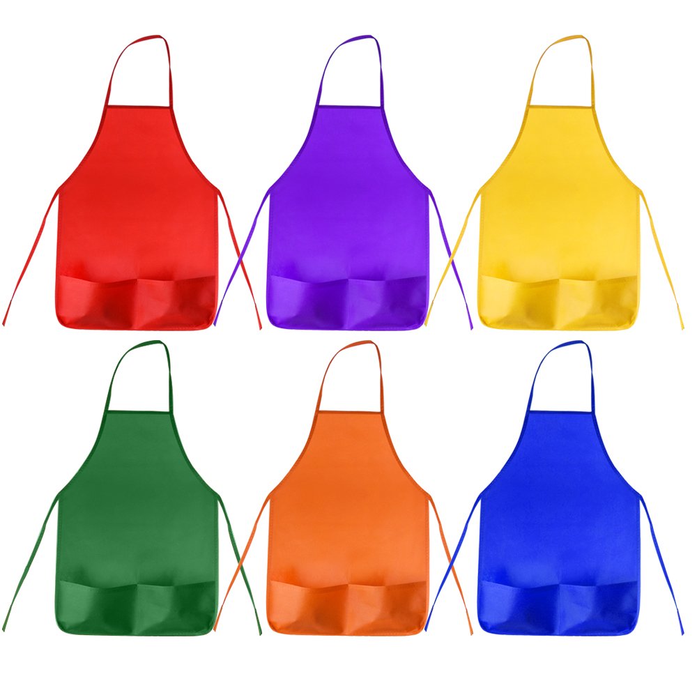 KUUQA 12 Pack 6 Color Kids Aprons Children Painting Aprons Kids Art Smocks with 2 Roomy pockets for Kitchen and Classroom (brushes not included)
