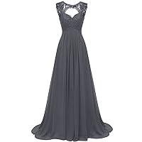 Women's Modest V-Neck Straps Lace Empire Hollow Evening Prom Dresses Sleeveless Swing Chiffon Size 22W- Gray
